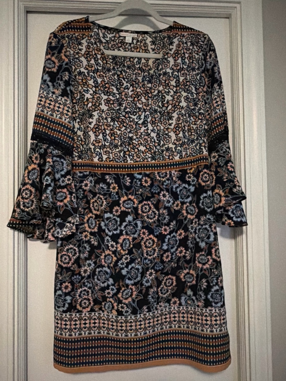Westport 1962 Navy Floral Dress with Blush Accents, bell ruffle sleeves.